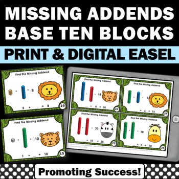 Preview of Addition Facts to 20 Practice Missing Addends Base Ten Blocks MAB Task Cards