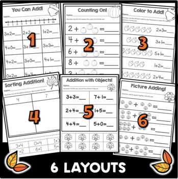 Fall Addition Worksheets Kindergarten by Courtney's Creations and Clips