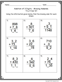 addition files find the missing numbers with 3 digit addends task cards