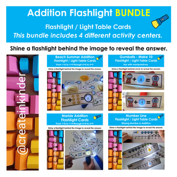 Preview of Addition Flashlight / Light Table Cards * BUNDLE * for Kindergarten / Grade 1