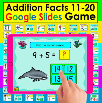 Preview of Addition GAME for GOOGLE SLIDES Facts From 11-20 Self-Checking Ocean Theme