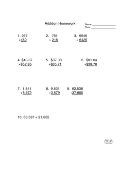 Preview of Addition Homework Worksheet