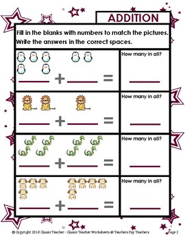 Addition-Print Number Sentence to Match Pictures Kindergarten-Grade 1 ...