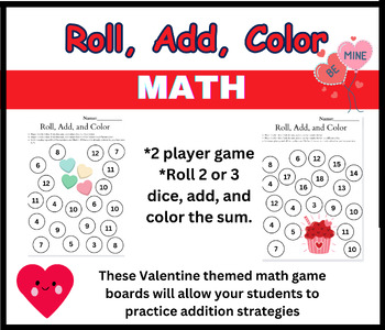 Preview of Addition Math Game | 2 and 3 addends | Valentine Theme