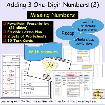 Preview of Addition Missing Numbers 3 Single-Digit Equations, Presentation  Worksheets