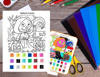 Preview of Addition Practice | Elementary Math | Halloween | Skeleton | Coloring Activity