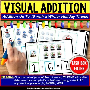 Preview of Addition Problems with Visuals Sums Up To 10 Winter Task Box Filler® for Autism