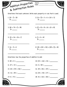 Preview of Addition Properties & Subtraction Rules Worksheet