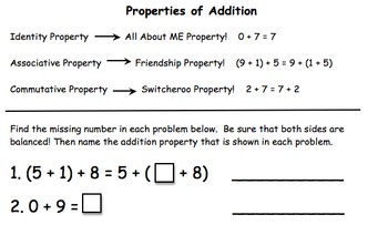 Preview of Addition Properties Worksheet