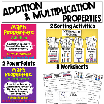 Preview of Addition Properties and Multiplication Properties Bundle: Worksheets PowerPoints