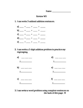 Preview of Addition Review and Word Problem Assessment