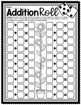 Preview of Addition Roll Worksheet (Fluent/Mental Addition Strategy Activity)