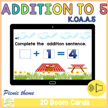 Preview of Addition to 5 Kindergarten Boom Cards™ K.OA.A.5 Picnic Theme