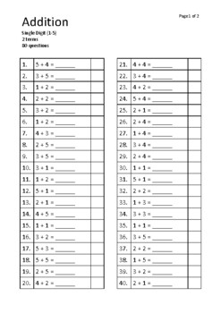 Addition Single Digit (1-5) Drilling Exercise Mental Digital Printable ...