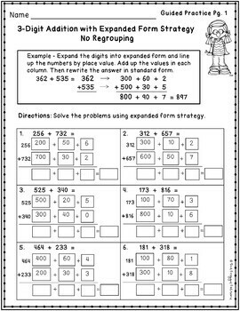 3 digit addition strategy worksheets addition expanded form tpt