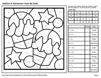 addition subtraction 0 20 color by code coloring pages birthday