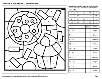 addition subtraction 0 20 color by code coloring pages food