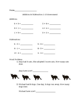 Preview of Addition & Subtraction 1-10 End of Unit Assessment - EDITABLE