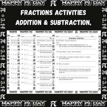 Preview of Addition & Subtraction Activity Unlike denominators - Pi Day Worksheet No Prep