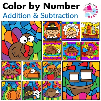 Addition Subtraction Color By Number Thanksgiving Bundle 4 Sets - 