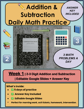 Preview of Addition & Subtraction Daily Math Practice |Week 1| Editable Slides | Answer Key