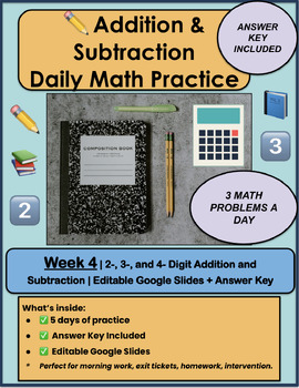 Preview of Addition & Subtraction Daily Math Practice |Week 4| Editable Slides | Answer Key