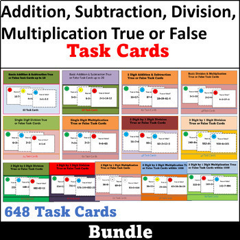 Preview of Addition, Subtraction, Division, Multiplication True or False Task Cards Bundle