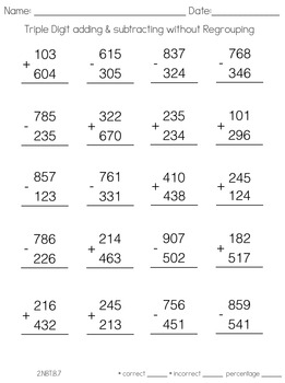 Addition & Subtraction Double & Triple Digit Fluency Pack: Second Grade