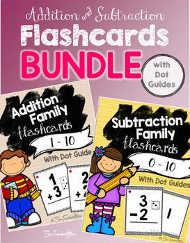 Preview of Addition & Subtraction Fact Family Flashcards 0-10 BUNDLE {with DOT GUIDES}