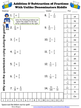 Addition & Subtraction Fraction with Unlike Denominators Riddle | TpT
