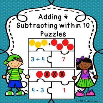Preview of Addition & Subtraction Game Kindergarten Add & Subtract within 10 Puzzles K.OA.1