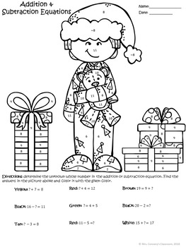 Addition & Subtraction Holiday Christmas Kids In Pjs Color Sheets