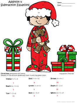 Addition & Subtraction Holiday/Christmas Kids in PJs Color Sheets