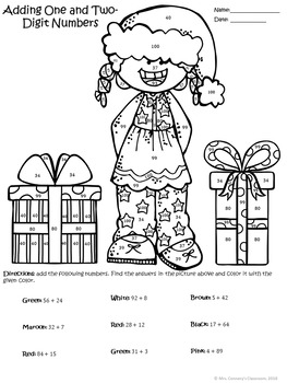 Addition & Subtraction Holiday/Christmas Kids in PJs Color Sheets