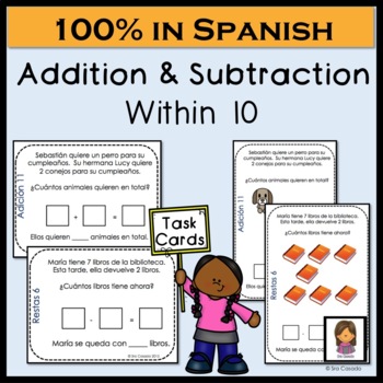 Preview of Addition Subtraction within 10 Math Task Cards Spanish