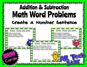 Preview of Addition & Subtraction Math Word Problems - Create a Number Sentence Boom Cards