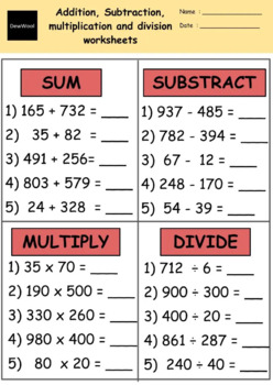 Preview of Addition Subtraction Multiplication Division worksheets
