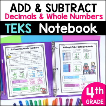 Preview of No Prep Addition & Subtraction Notebook 4th Grade TEKS - Decimals, Whole Numbers