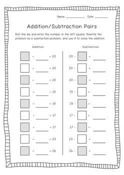 Addition/Subtraction Pairs Worksheet by Mara Page | TPT