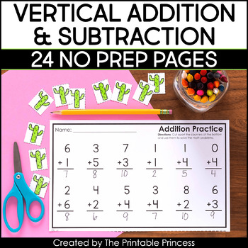 Preview of Vertical Addition & Subtraction Worksheets With Cut Apart Counters