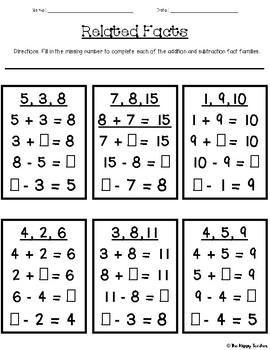 Preview of Addition & Subtraction Relationships: Related Fact/Fact Family Math Activity