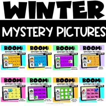 Preview of Addition, Subtraction, Time, Money Mystery Pictures Boom Cards Winter Bundle