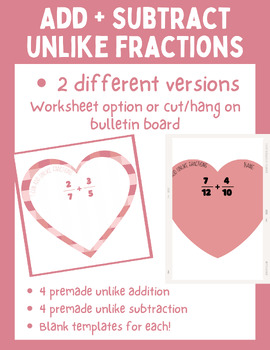 Preview of Addition + Subtraction Unlike Fraction Activity Worksheet | Heart Themed | VDay