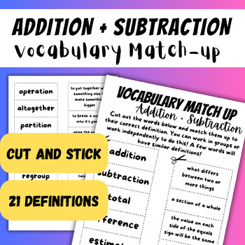 Preview of Addition + Subtraction Vocabulary Sorting + Matching Cut and Stick Activity