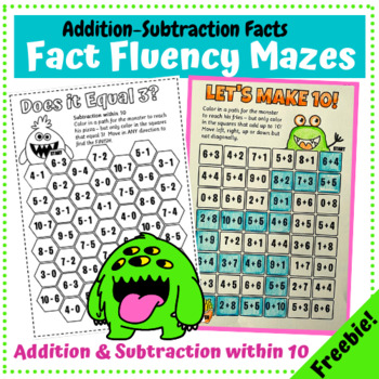 Preview of Addition-Subtraction Within 10 - Fact Fluency Mazes - Worksheet FREEBIE