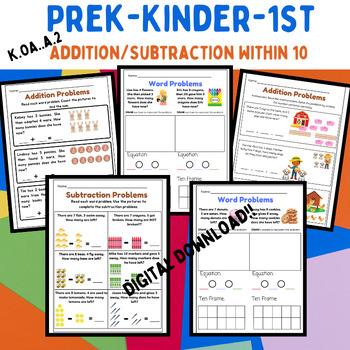 Preview of Addition Subtraction  Within 10 Word Problems Pre-K, Kindergarten K.OA.A.2