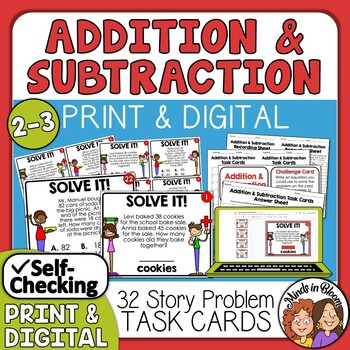 Preview of Addition and Subtraction Math Word Problems Story Problems Task Cards Logic