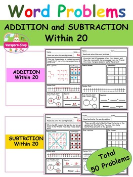 Preview of Addition & Subtraction Word Problem Worksheets within 20-Math Numbers-50 pages