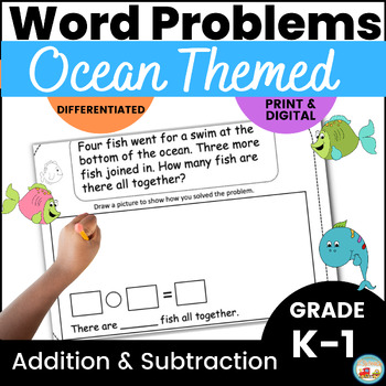 Preview of Addition & Subtraction Word Problems Kindergarten 1st Decodable Text Ocean Theme