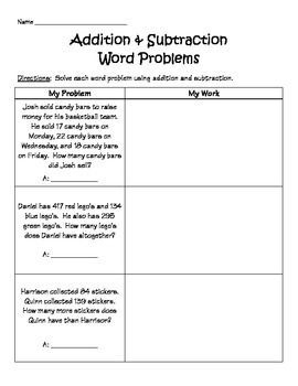 Preview of Addition & Subtraction Word Problems Worksheet (1.OA.A2)